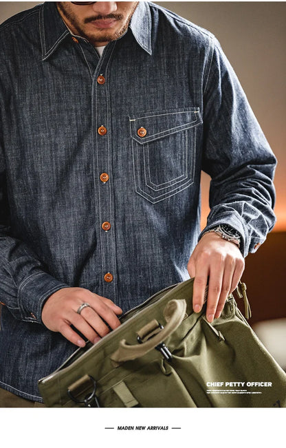 Maden Men Vintage Long Sleeve Western Cowboy Denim Shirt Outerwear Tough Guy Shirt Men's Cotton Casual Shirt XXL XXXL