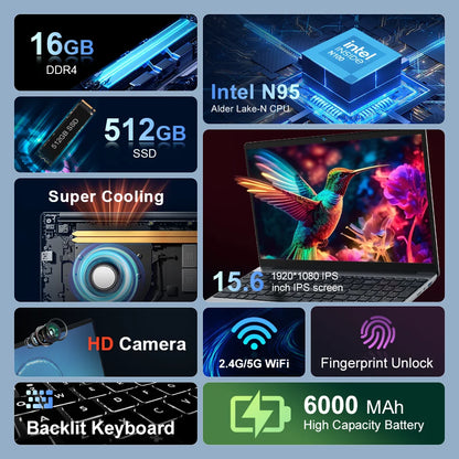 Ninkear N15 Air Laptop 15,6" IPS 1080P IPS Intel N95 3.4Ghz 12GB RAM 512GB SSD General Use Productivity Windows 11 pro Notebook