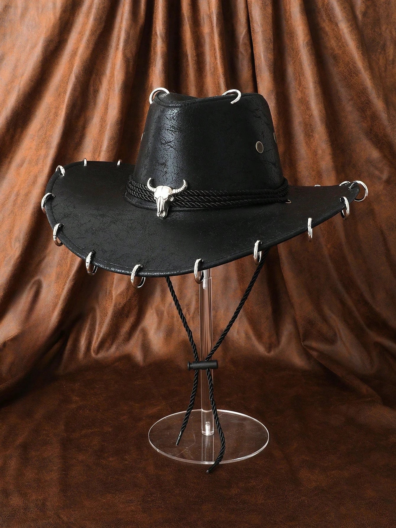 HongLuan – Chapeau de cowboy unisexe en cuir PU noir réglable, style occidental, idéal pour les voyages, avec badge tête de taureau, pour l'extérieur