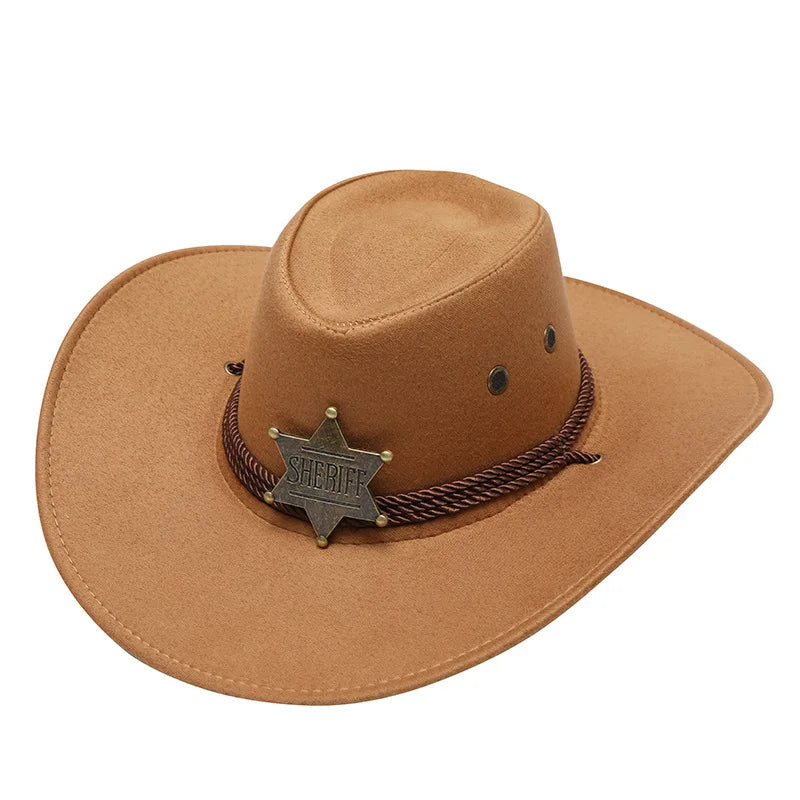 Western Wild West Sheriff Hat With Five Star Party Costume For Men Lady Jazz Cowgirl Wide Cowboy Hat Unique Star Badge Decors