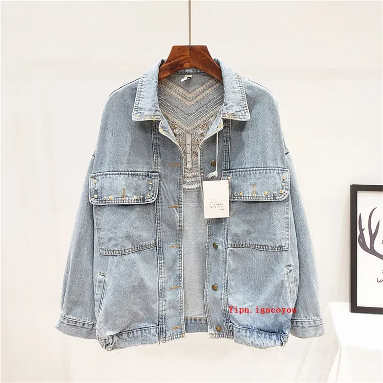 Rivet Embroidery Tassel Denim Jacket Women Loose Long Sleeve Short Outwear Spring Autumn Fashion Black Jeans Jacket Coat Female