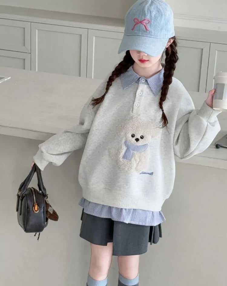 Sweat-shirt à capuche pour filles, Polo deux pièces en Faux, moyen-grand, coupe ample, haut de chiot de dessin animé, nouvelle collection printemps/automne 2025
