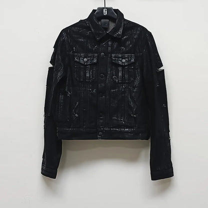 HKSH Spring Autumn New Man Punk Fashion Streetwear Dark Brushed Wax Handmade Damaged Tops Denim Jacket Y2K Chic Ins Coats HK4959