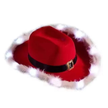 Chapeau de cowboy lumineux de Noël pour fête du Père Noël, chapeaux en feutre rouge occidental, chapeau de cowgirl à large bord, chapeau de jazz pour femmes et hommes