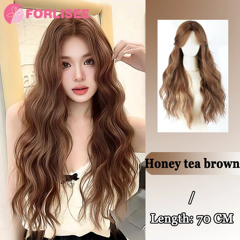 Pink Blonde Highlights Long Wavy Wig Synthetic Colorful Lolita Cosplay Hair Wigs with Bangs for Women Heat Resistant Daily Use