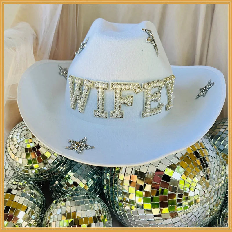 Chapeau de Cowboy blanc de mariée avec voile, perles et strass, chapeau de Cowgirl pour mariage, enterrement de vie de jeune fille, douche nuptiale, décoration, cadeau