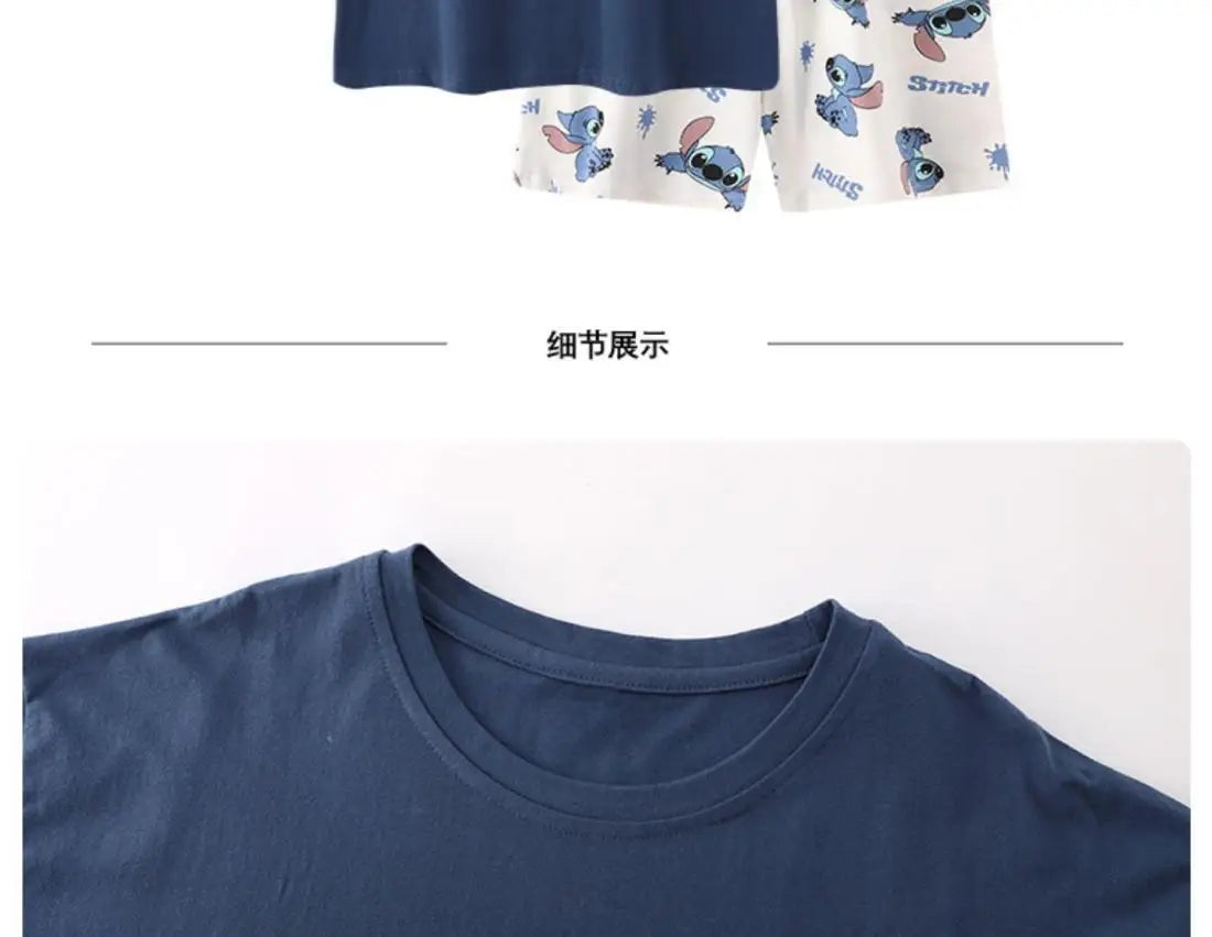 Stitch anime summer pure cotton men and women couple pajamas creative cute short-sleeved shorts home service suit holiday gift