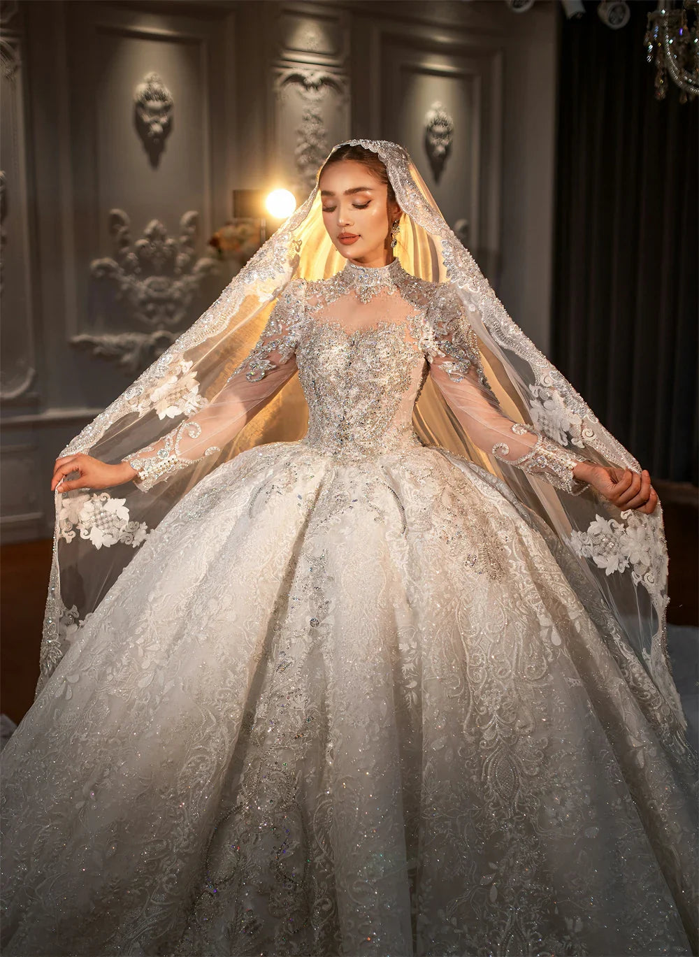 Customized NS4963 Long Sleeves Lace Wedding Dresses New With Handwork Beading