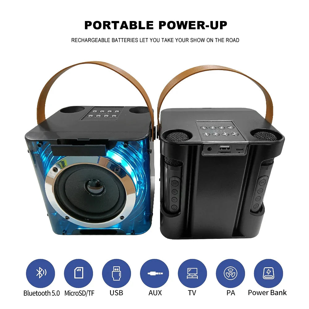 High Power Karaoke Machine, Mini Bluetooth Speaker and Microphone Set, RGB Lighting Effects, Stereo Subwoofer, with Phone Holder