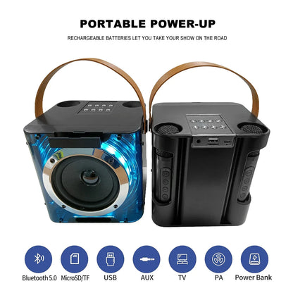 High Power Karaoke Machine, Mini Bluetooth Speaker and Microphone Set, RGB Lighting Effects, Stereo Subwoofer, with Phone Holder