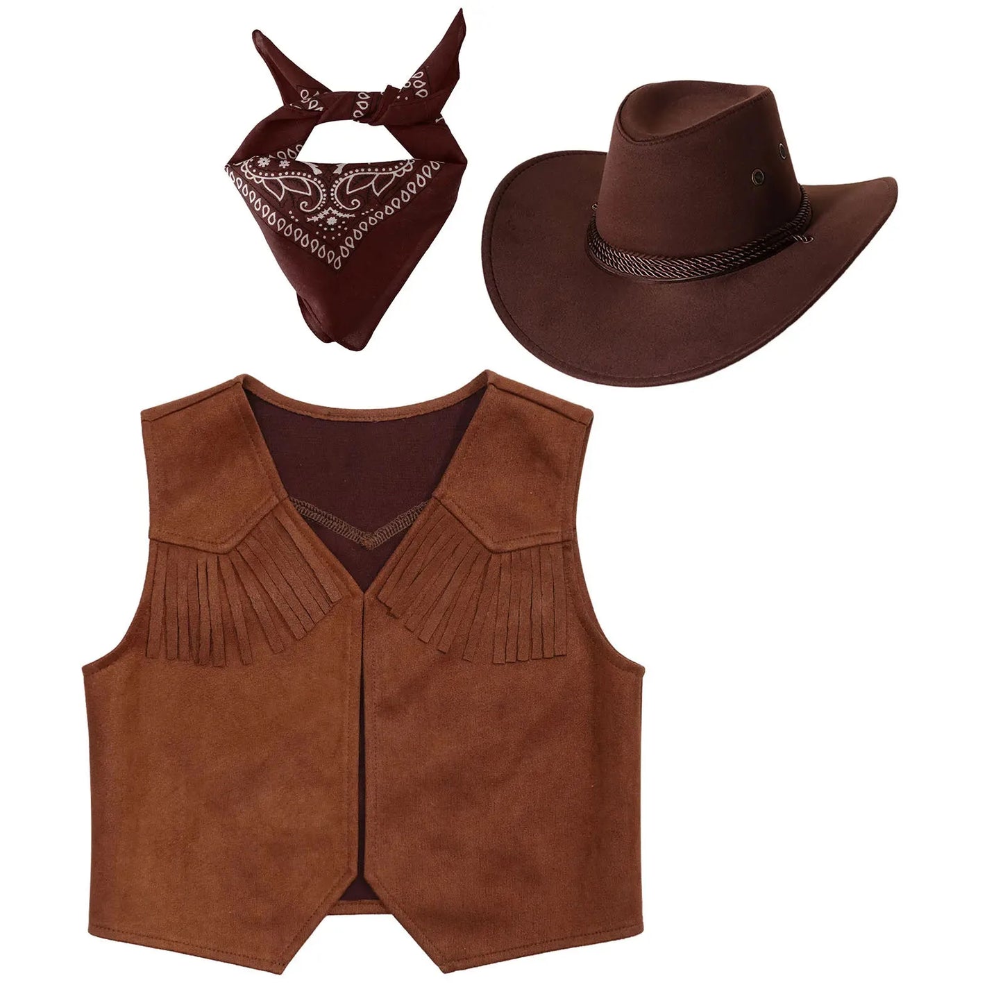 Wild West Cowboy and Cowgirl Costume, Halloween Outfit, Fringe Sleeveless Vest with Bandana and Hat