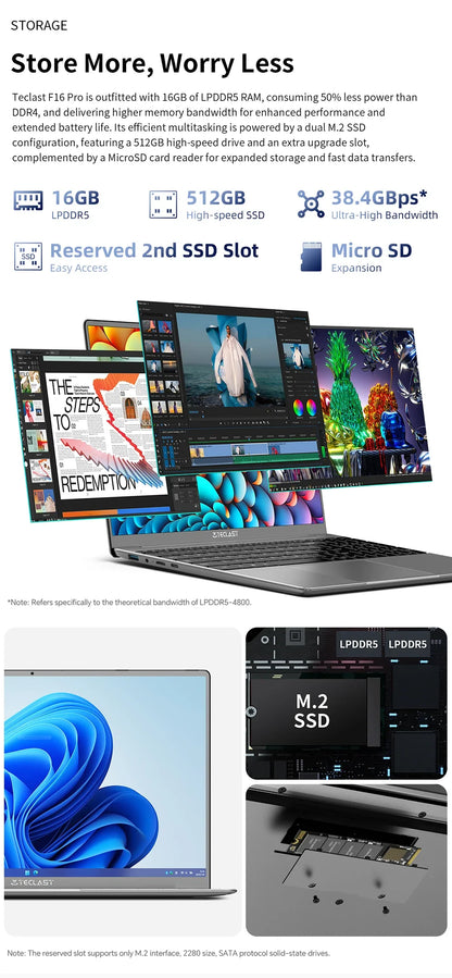 Ordinateur portable Teclast F16 Pro, Windows 11 Pro, processeur Intel N95, F16Pro, 16 Go de RAM, 512 Go de SSD, écran IPS 15,6 pouces 1920 x 1080, Wi-Fi 6, USB 3.2, clavier rétroéclairé, mini-HDMI