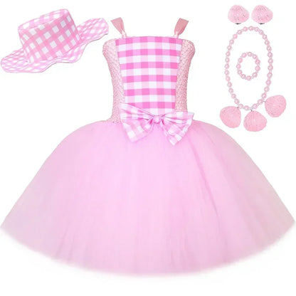 Movie Barbi Costume for Girls Margot Robbie Pink Plaid Tulle Tutu Dress Kids Halloween Birthday Party Princess Dress Up Clothes