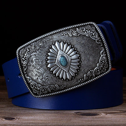 Ceinture classique en cuir véritable avec boucle émail saphir et motif floral sculpté en argent pour femmes et hommes, cadeau