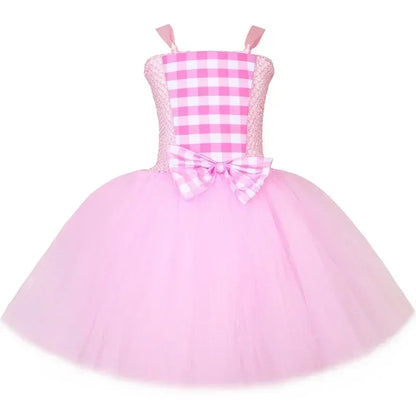 Movie Barbi Costume for Girls Margot Robbie Pink Plaid Tulle Tutu Dress Kids Halloween Birthday Party Princess Dress Up Clothes