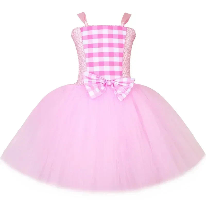Costume Barbie La Movie pour filles Margot Robbie Robe tutu en tulle à carreaux rose Vêtements de déguisement de princesse pour enfants pour Halloween et fêtes d'anniversaire