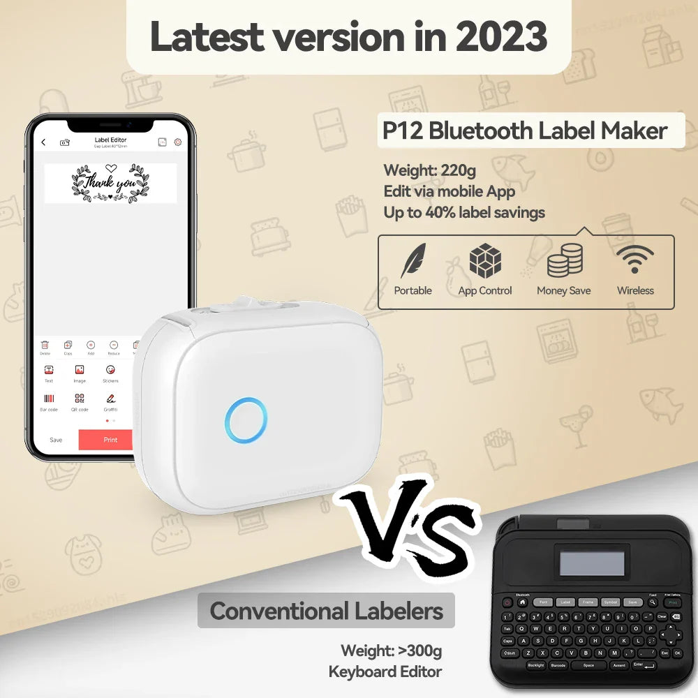Inkless Label Printer P12 Portable Mini Printer Bluetooth Wireless Thermal Printer Auto Cut Labeling Machine or 5PK Label Rolls