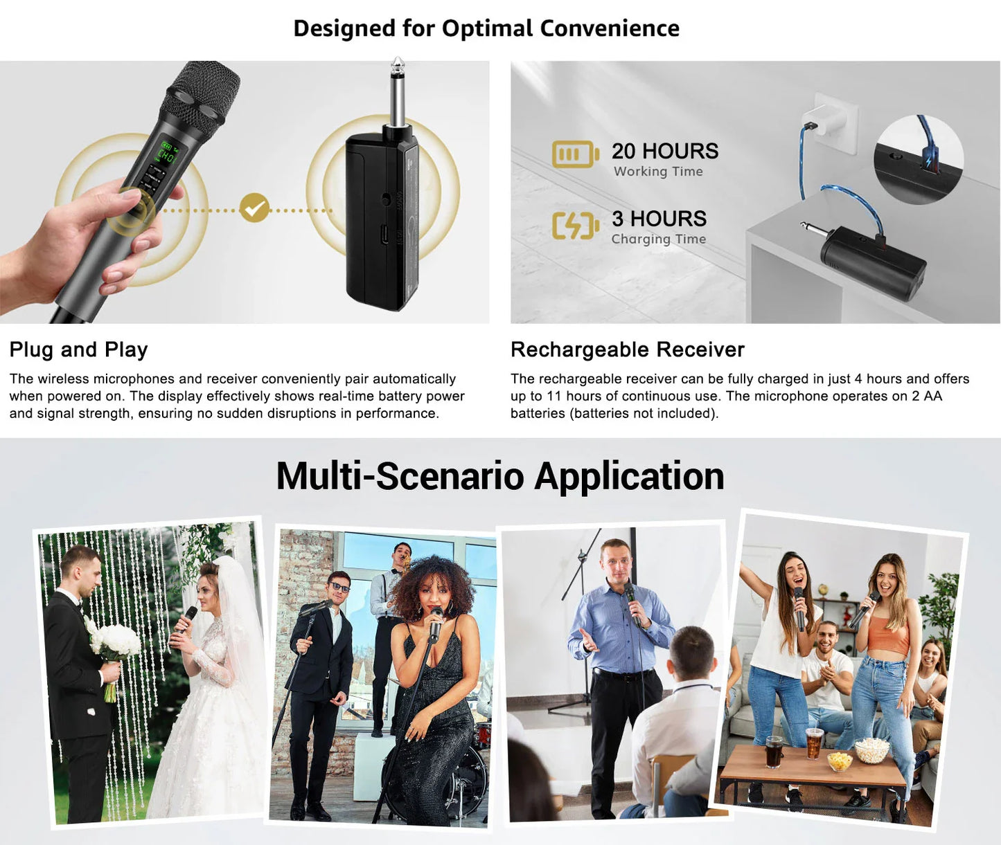 Heikuding Wireless Microphone UHF Dual Cordless Dynamic Mic System with Rechargeable Receiver for karaoke Singing Dj Microphone