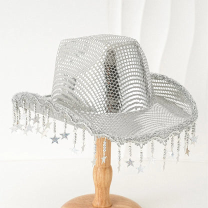 Creative Sequin Cowboy Hat for Women, Shiny Cowgirl Hat, Wide Brim Hat, Western Glitter Star, Tassel, Theme Party Cap, 2025