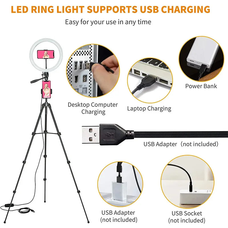 LED Selfie anneau lumineux photographie vidéo lumière RingLight support de téléphone trépied lumière de remplissage lampe à intensité variable Trepied Streaming 10 "26 cm