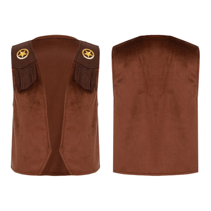 Children's Hippie Cowboy Costume, Toddler Boys Girls Cowgirl Vest, Open Front Fringed Vest for Halloween Cosplay Theme Party Outfits