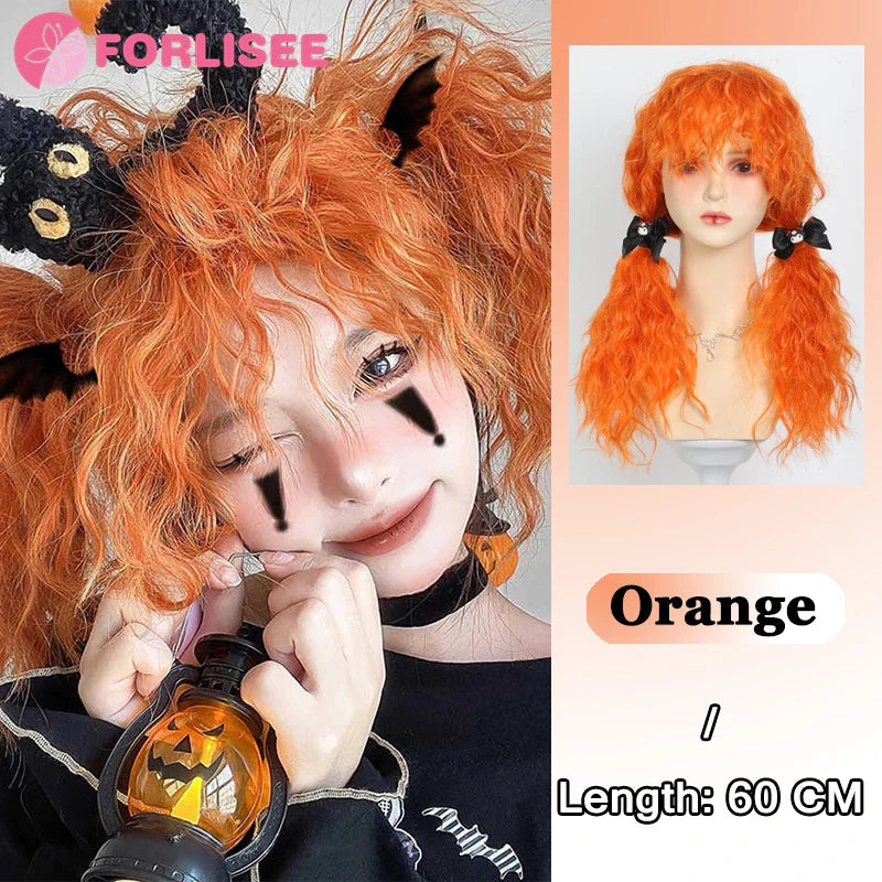 Pink Blonde Highlights Long Wavy Wig Synthetic Colorful Lolita Cosplay Hair Wigs with Bangs for Women Heat Resistant Daily Use