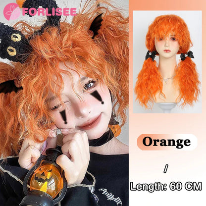 Pink Blonde Highlights Long Wavy Wig Synthetic Colorful Lolita Cosplay Hair Wigs with Bangs for Women Heat Resistant Daily Use