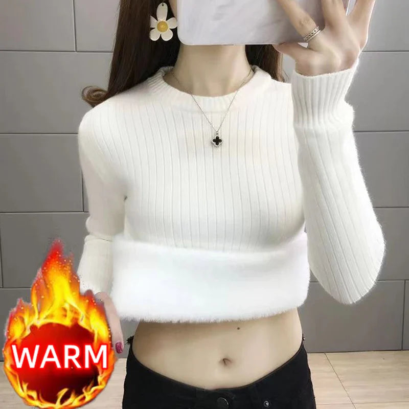 Turtleneck Winter Sweater Women Elegant Thicken Velvet Lined Warm Sueter Fleece Knitted Pullover Slim Top Jersey Knitwear Jumper