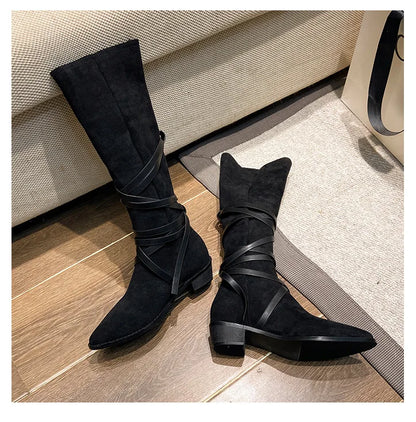 Matte Leather Gothic Western Cowboy Boots Women's Fashion Autumn New Style Pointed Toe Lace-up Retro High Top Flat Heel Boots