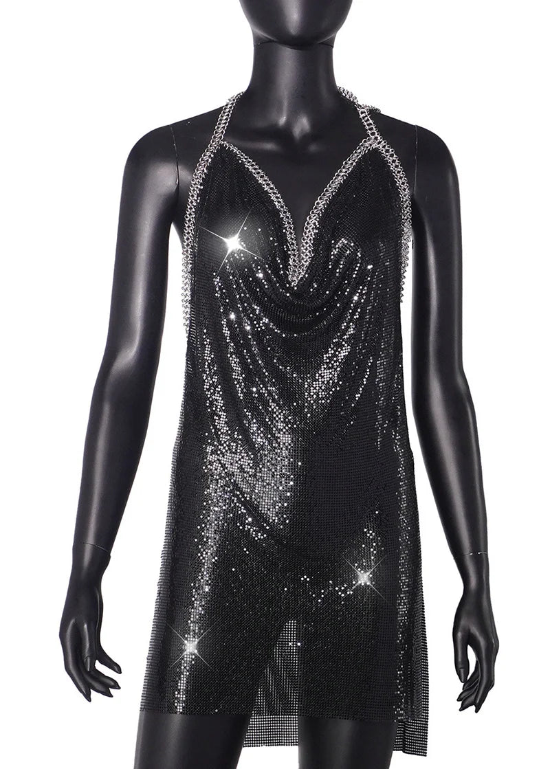 Sexy Hot Pink Glitter Sequin Party Dresses Bling Aluminum Chainmail Dress Backless Halter V Neck Side Slit Metal Party Outfit