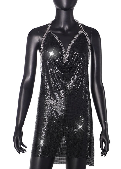 Sexy Hot Pink Glitter Sequin Party Dresses Bling Aluminum Chainmail Dress Backless Halter V Neck Side Slit Metal Party Outfit