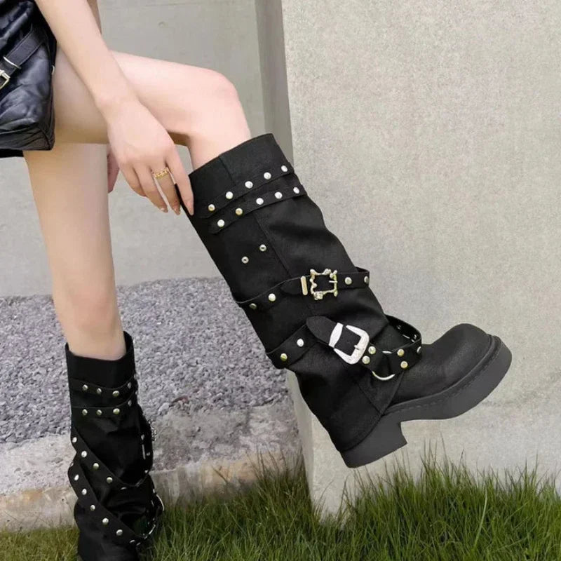 Bottes de cowgirl occidentales pour femmes, bottes hautes au genou, bottes longues en cuir PU, bottes de pantalon cloutées noires, style punk, mode automne