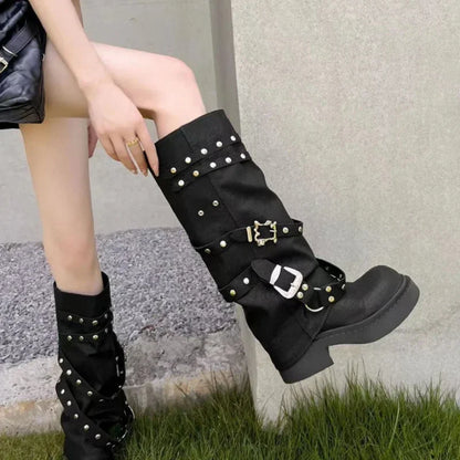 Bottes de cowgirl occidentales pour femmes, bottes hautes au genou, bottes longues en cuir PU, bottes de pantalon cloutées noires, style punk, mode automne