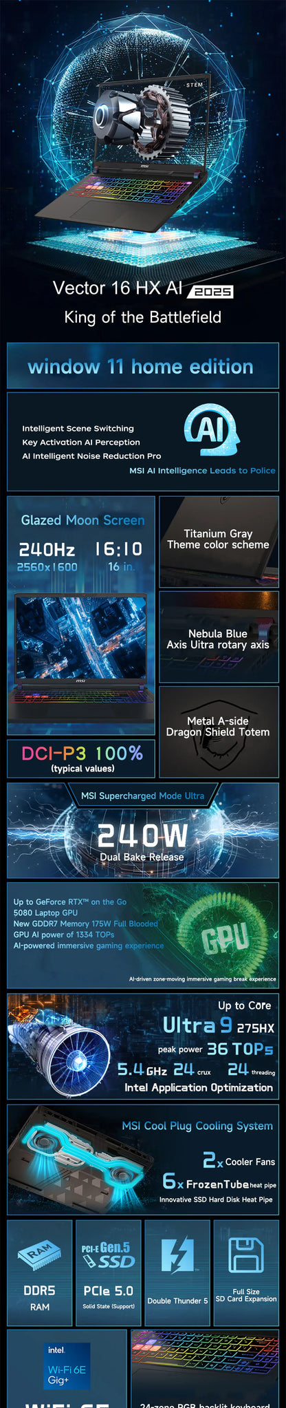 2025 MSI Vector 16 HX AI Gaming Laptop 16 Inch 2.5K 240Hz IPS Screen Notebook Ultra 9-275HX 64GB 4TB RTX5080 Netbook Computer PC