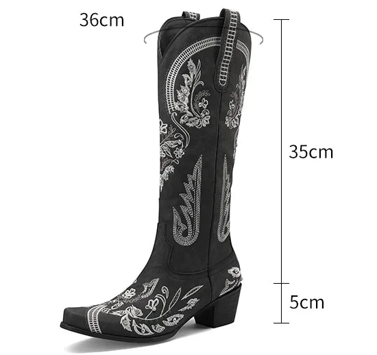 Bottes de cowboy occidentales au genou pour femmes, broderie de fleurs, biscuits, blanc, marron, rond, Parker, talons hauts, rétro, bottes longues de cowgirl