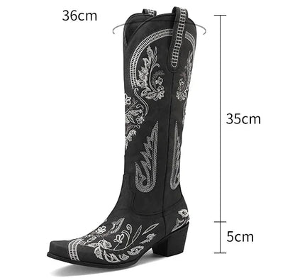 Bottes de cowboy occidentales au genou pour femmes, broderie de fleurs, biscuits, blanc, marron, rond, Parker, talons hauts, rétro, bottes longues de cowgirl