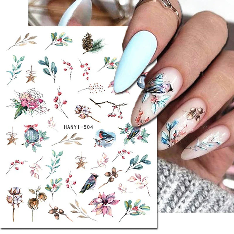 3d Nail Art Stickers Winter Autumn Golden Leaves Red Roses Flowers Decals For Nails Decoration Manicure Salon Beauty