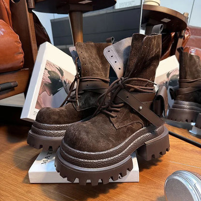 Bottes de Cowboy à grande tête en détresse, mode rétro, bottes de chevalier montantes de Style moto haut de gamme, bottes à semelles épaisses pour filles et femmes