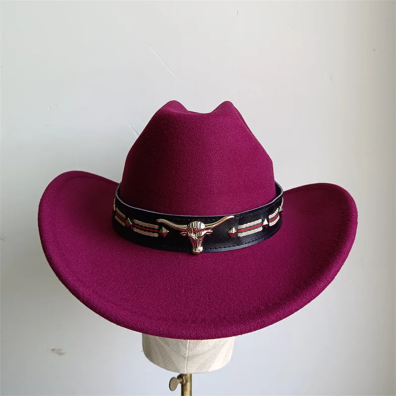 Ethnic Style Cowboy Hat Fashion Chic Unisex Solid Color Jazz Hat With Bull Shaped Decor Western Cowboy Hats