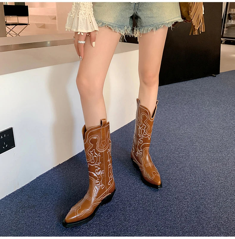 Ods Cowboy Western Boots For Women Real Leather Embroidered Pointed Toe Mid-calf Western Boot Retro Fashion Casual High Quality