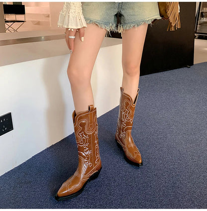 Ods Cowboy Western Boots For Women Real Leather Embroidered Pointed Toe Mid-calf Western Boot Retro Fashion Casual High Quality