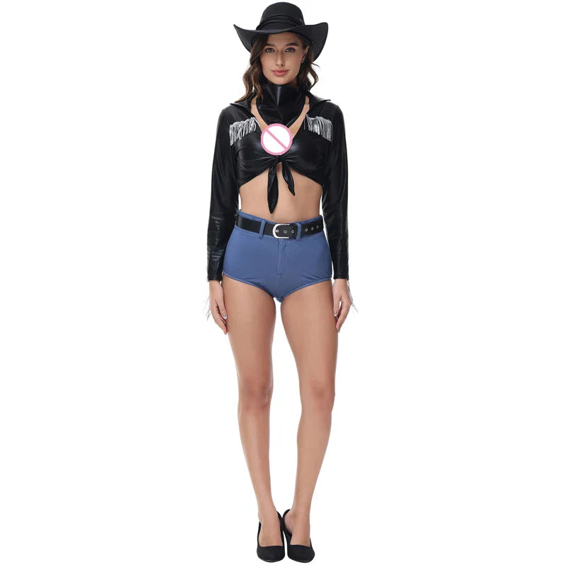 Costume de Cosplay de Cowboy occidental Disco, chanteur Sexy, pompon d'halloween, col en V profond, chemise en cuir à manches longues, pantalon court, Costume Hottie