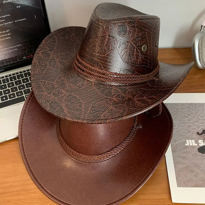 Chapeau de Cowboy occidental de Style ethnique Punk, chapeau de Jazz en Polyester à bord en rouleau, casquette à visière de couleur unie noir/marron pour l'extérieur