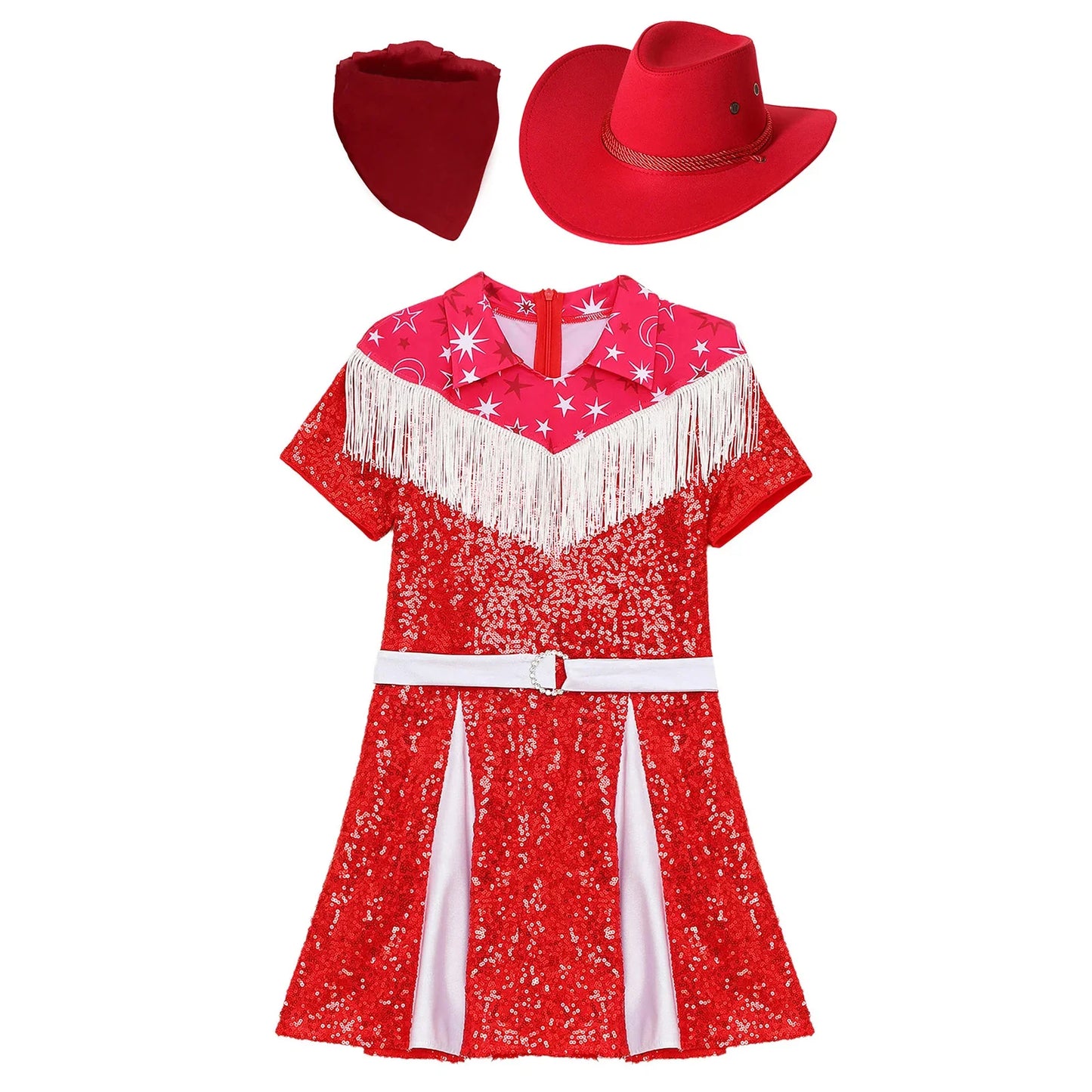 Déguisement de cow-girl pour enfants filles, robe à franges et paillettes avec chapeau de cowboy et bandana, tenue de fête de carnaval d'Halloween