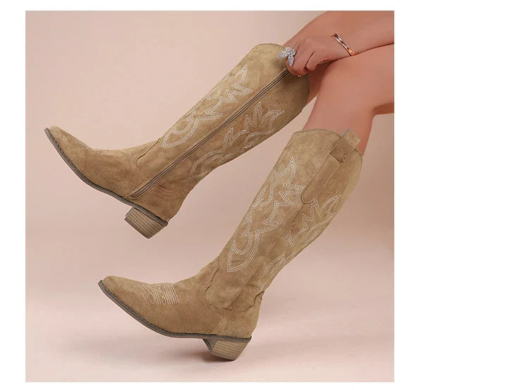 Embroidered Western Cowboy Boots for Women Autumn Pointed Toe Thick Heel High Knee Boots Woman Loose PU Leather Long Botas Mujer