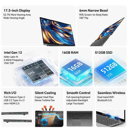 TeclastF17PlusLaptop 17.316GBRAM512GB SSDIntel N95 Windows11ProNotebook180°FlipLaptopsComputerBacklitKeyboardminiHDMIUSB3.2x3