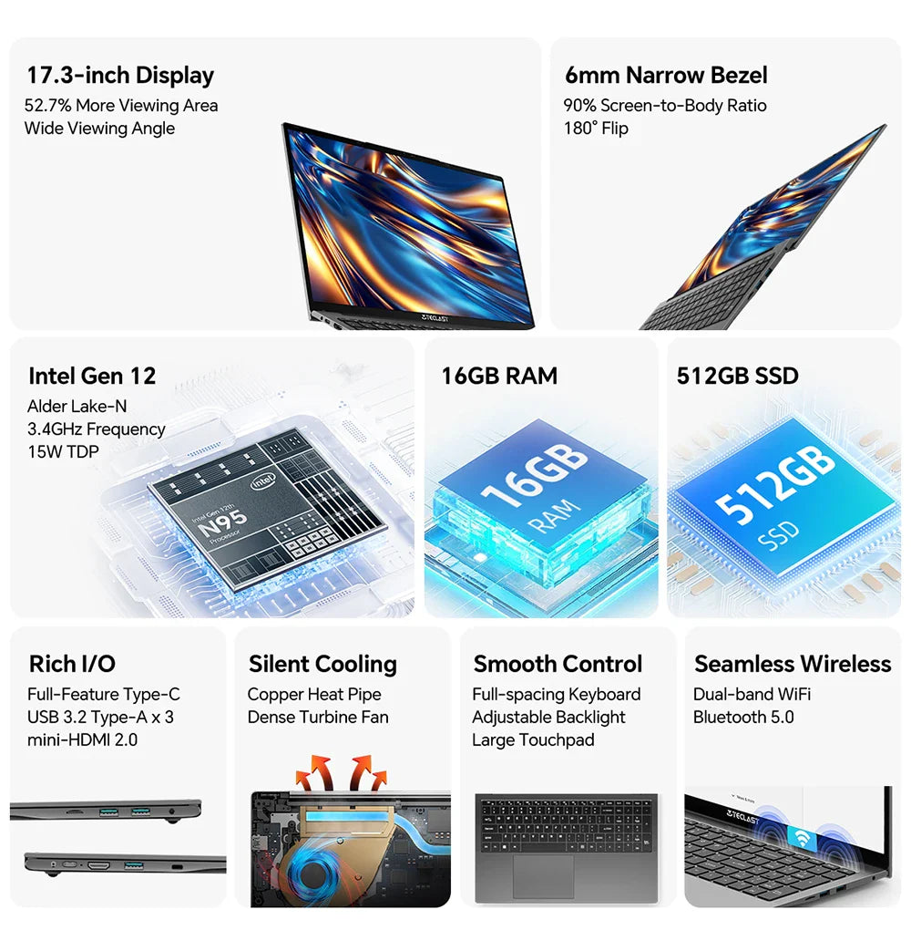 Teclast F17Plus Laptop 17.3 inch, 16GB RAM 512GB SSD, Intel N95, Windows 11 Pro Notebook, 180° Flip Laptops Computer, Backlit Keyboard, mini-HDMI，USB 3.2x3