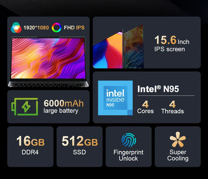 Ninkear N15 Air Laptop 15,6" IPS 1080P IPS Intel N95 3.4Ghz 16GB RAM 512GB SSD General Use Productivity Windows 11 pro Notebook