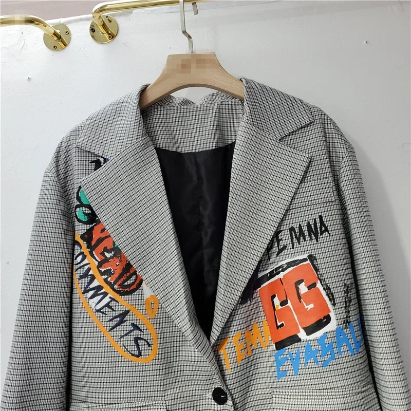 Femmes Lettres Graffiti Carreaux Blazers Manteau Carreaux Costumes Veste Mi-Longue OL Col Rabattu Cardigan Court Hauts Jaqueta
