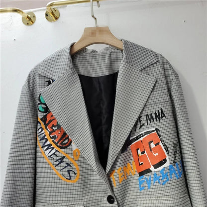 Femmes Lettres Graffiti Carreaux Blazers Manteau Carreaux Costumes Veste Mi-Longue OL Col Rabattu Cardigan Court Hauts Jaqueta